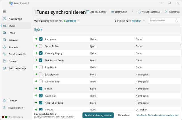 Manuelle Auswahl der zu synchronisierenden Musik